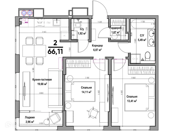 Планировка 2 комн. в ЖК Аструм