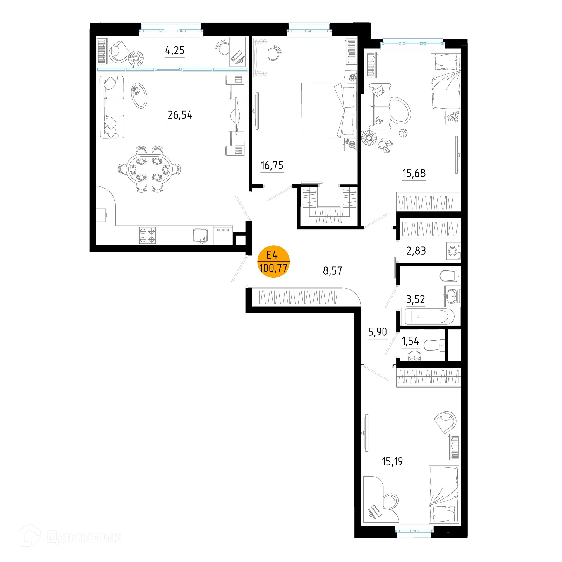 Планировка 3-комнатной квартиры 100.77 м² в ЖК Смарт Квартал ЦЕНТРАЛЬНЫЙ, г. Рязань — фото 1