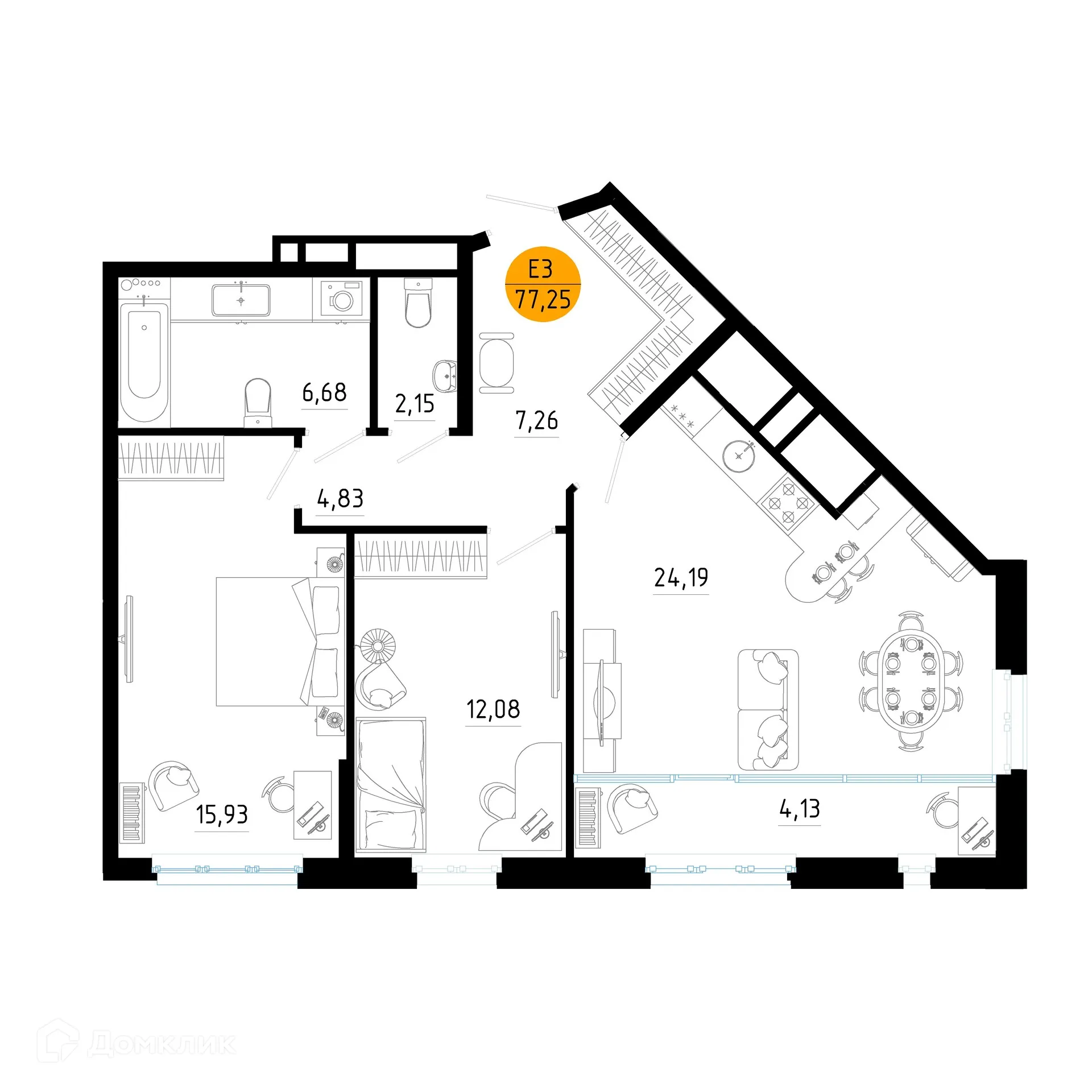 Планировка 2-комнатной квартиры 77.25 м² в ЖК Смарт Квартал ЦЕНТРАЛЬНЫЙ, г. Рязань — фото 1