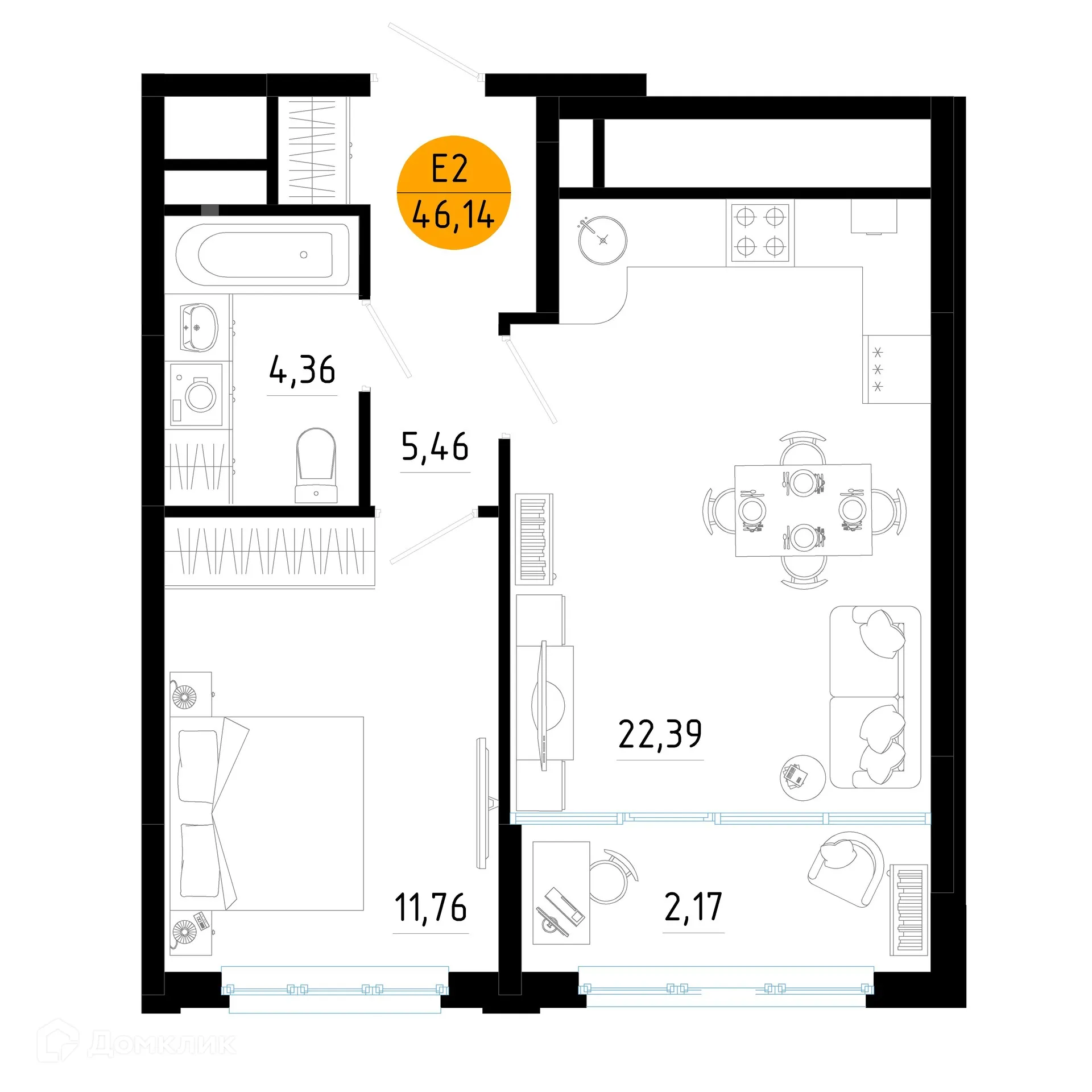 Планировка 1-комнатной квартиры 46.14 м² в ЖК Смарт Квартал ЦЕНТРАЛЬНЫЙ, г. Рязань — фото 1