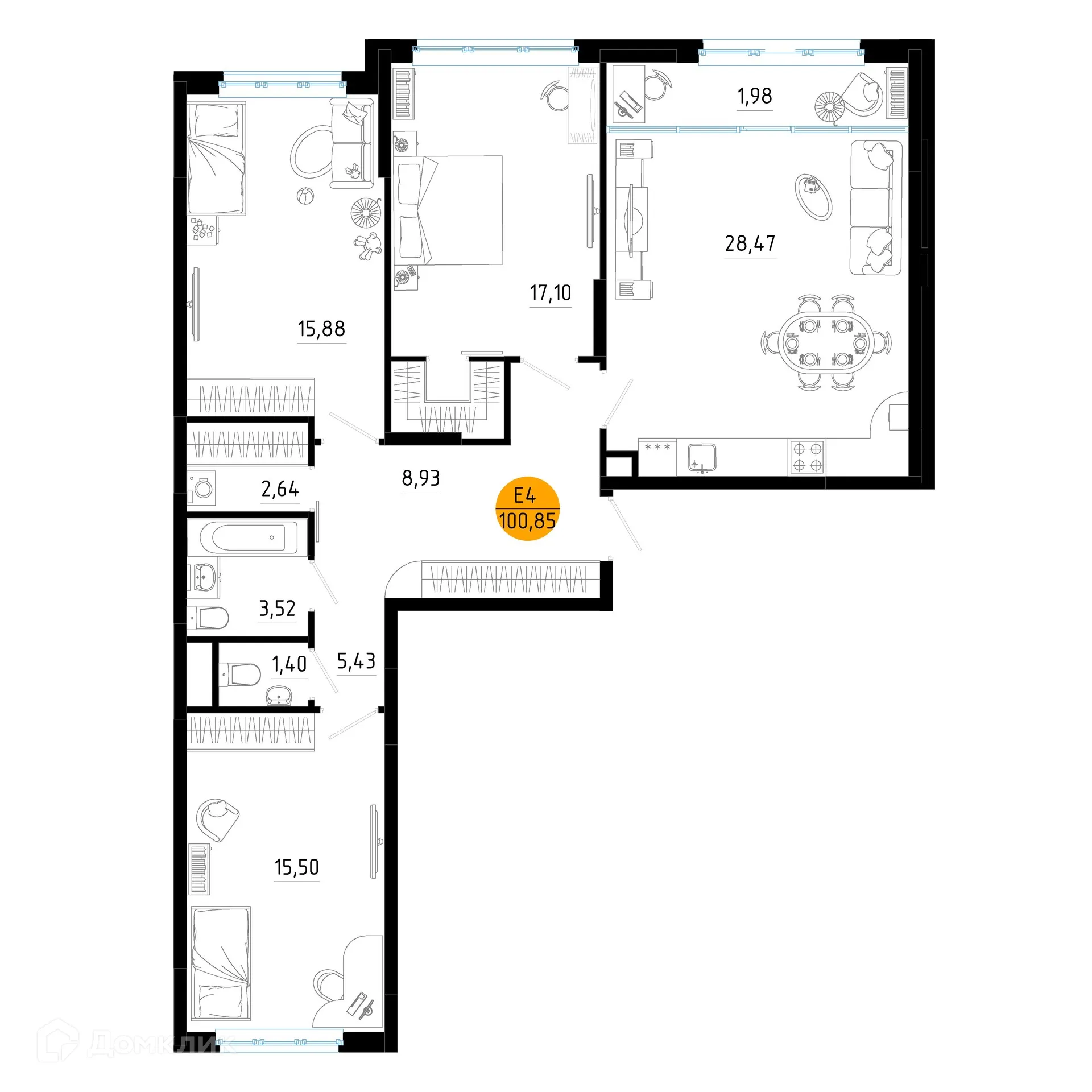 Планировка 3-комнатной квартиры 100.85 м² в ЖК Смарт Квартал ЦЕНТРАЛЬНЫЙ, г. Рязань — фото 1