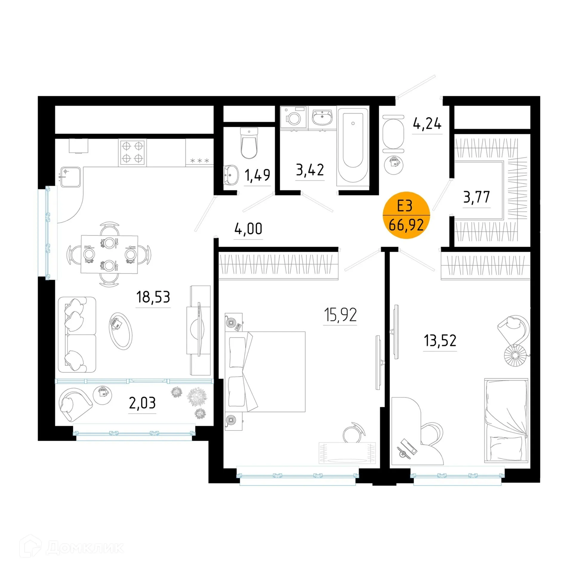 Планировка 2-комнатной квартиры 66.92 м² в ЖК Смарт Квартал ЦЕНТРАЛЬНЫЙ, г. Рязань — фото 1