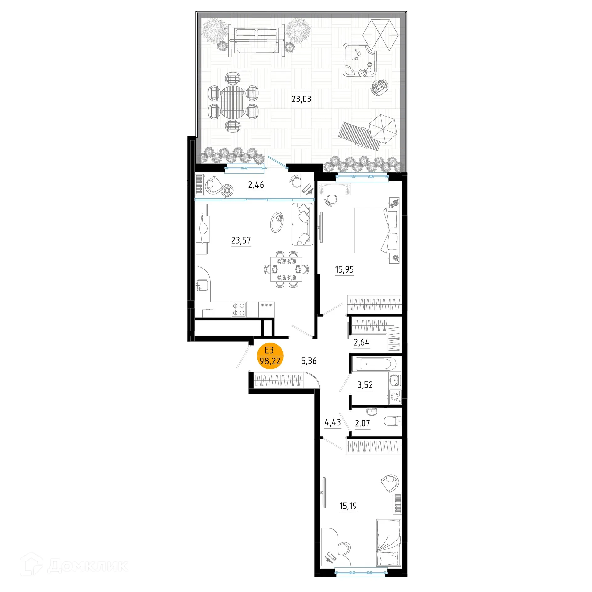 Планировка 2-комнатной квартиры 98.22 м² в ЖК Смарт Квартал ЦЕНТРАЛЬНЫЙ, г. Рязань — фото 1
