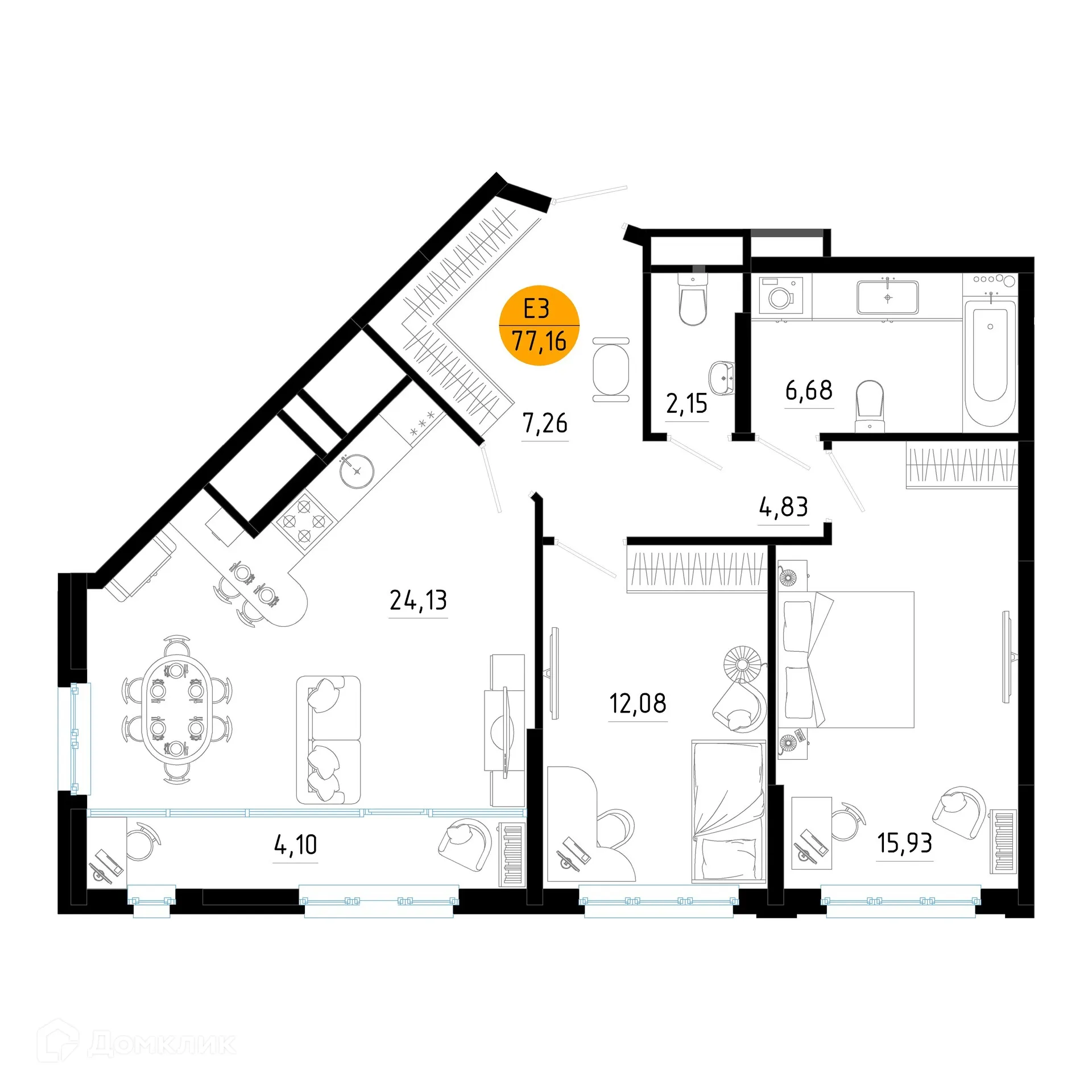 Планировка 2-комнатной квартиры 77.16 м² в ЖК Смарт Квартал ЦЕНТРАЛЬНЫЙ, г. Рязань — фото 1