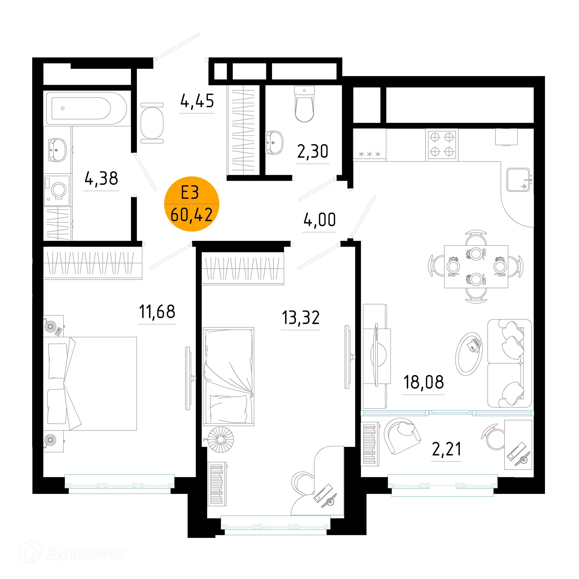 Планировка 2-комнатной квартиры 60.42 м² в ЖК Смарт Квартал ЦЕНТРАЛЬНЫЙ, г. Рязань — фото 1