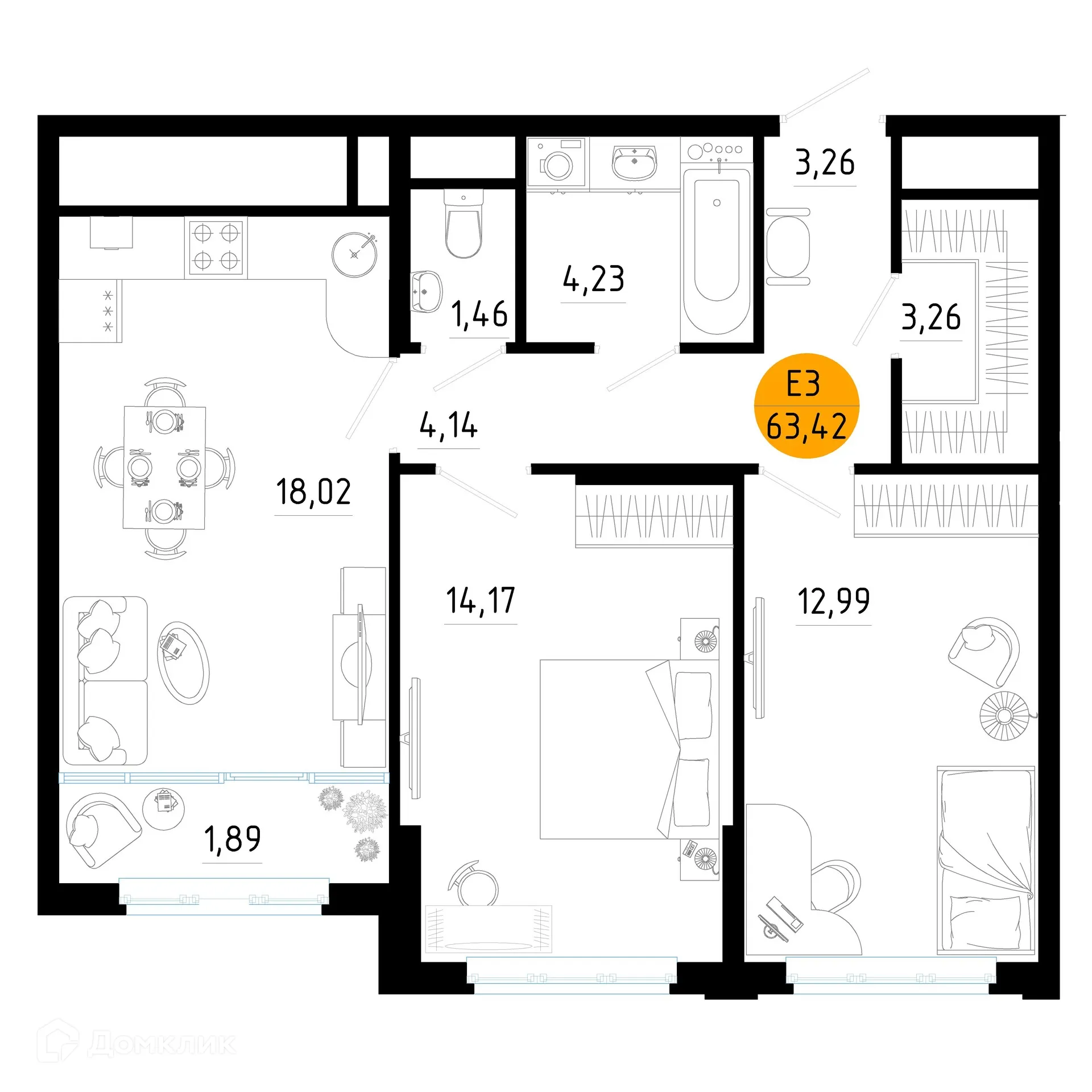 Планировка 2-комнатной квартиры 63.42 м² в ЖК Смарт Квартал ЦЕНТРАЛЬНЫЙ, г. Рязань — фото 1