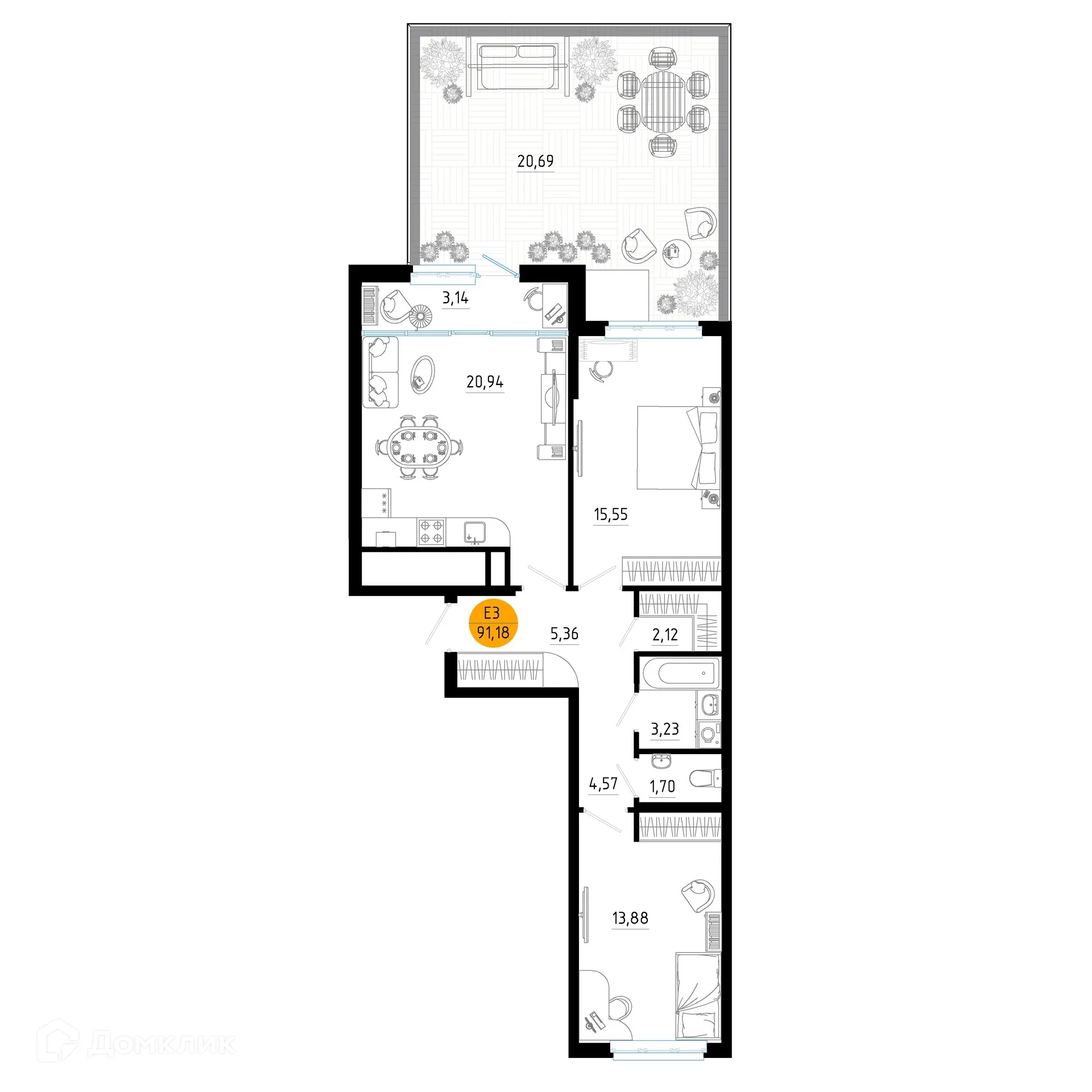 Планировка 2-комнатной квартиры 91.18 м² в ЖК Смарт Квартал ЦЕНТРАЛЬНЫЙ, г. Рязань — фото 1