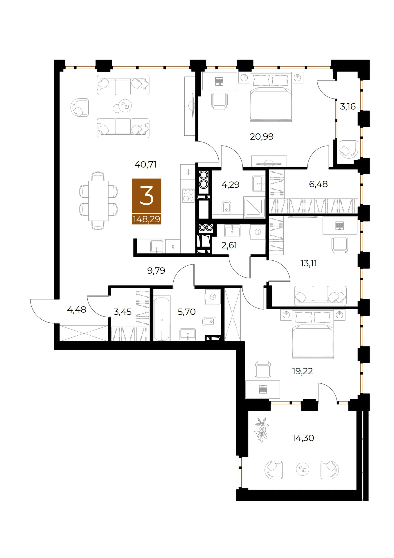 Планировка 3-комнатной квартиры 148.29 м² в ЖК МЕДНЫЙ, г. Рязань — фото 37