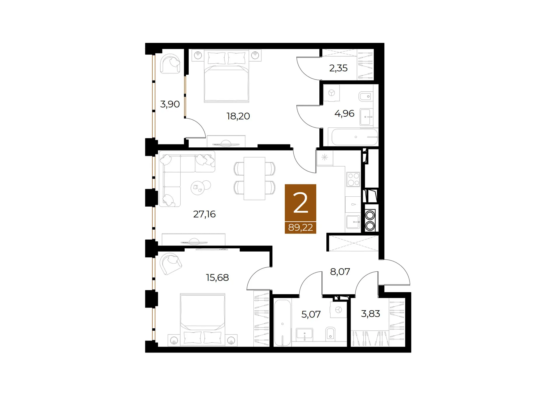 Планировка 2-комнатной квартиры 89.22 м² в ЖК МЕДНЫЙ, г. Рязань — фото 37