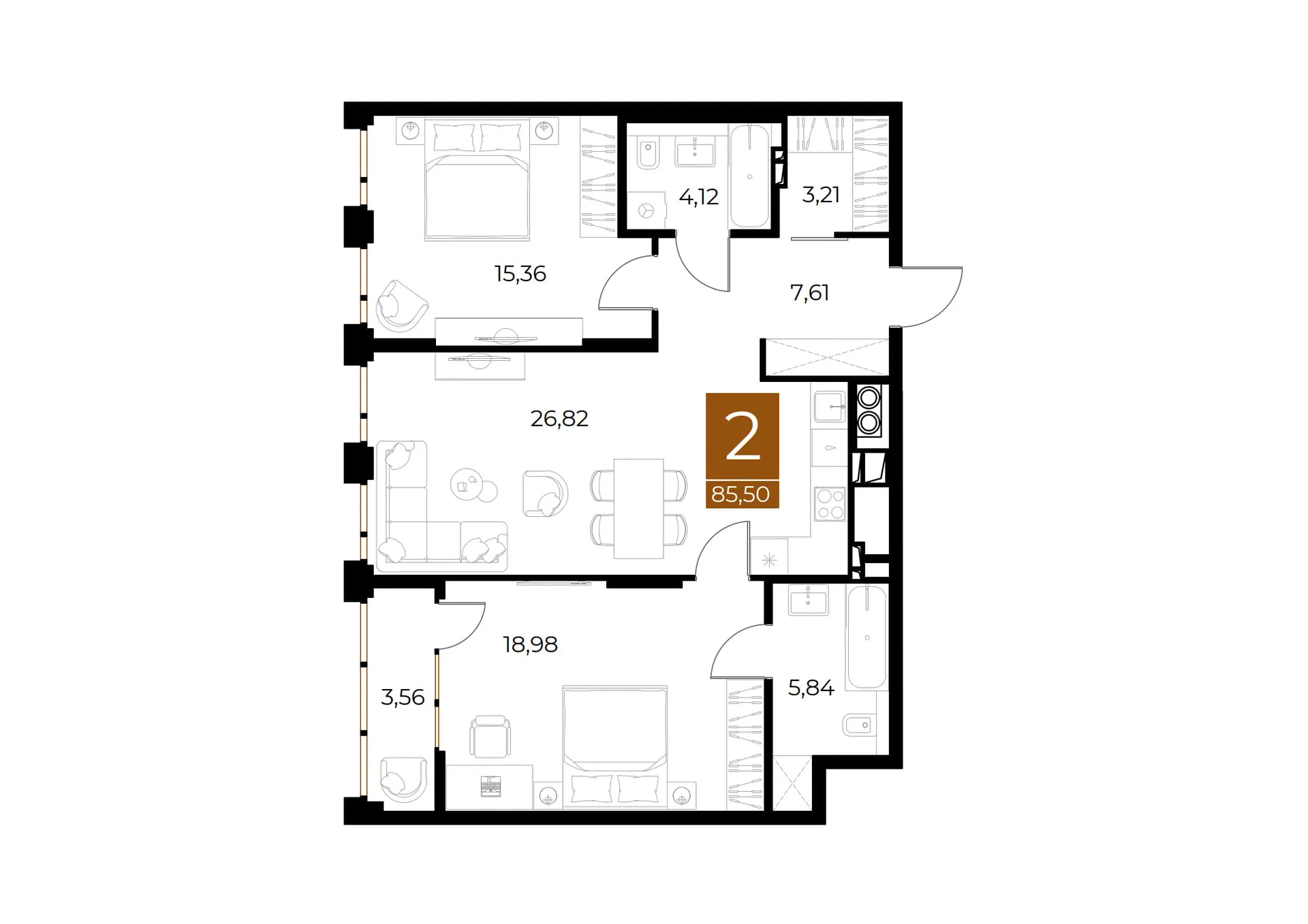 Планировка 2-комнатной квартиры 85.5 м² в ЖК МЕДНЫЙ, г. Рязань — фото 37