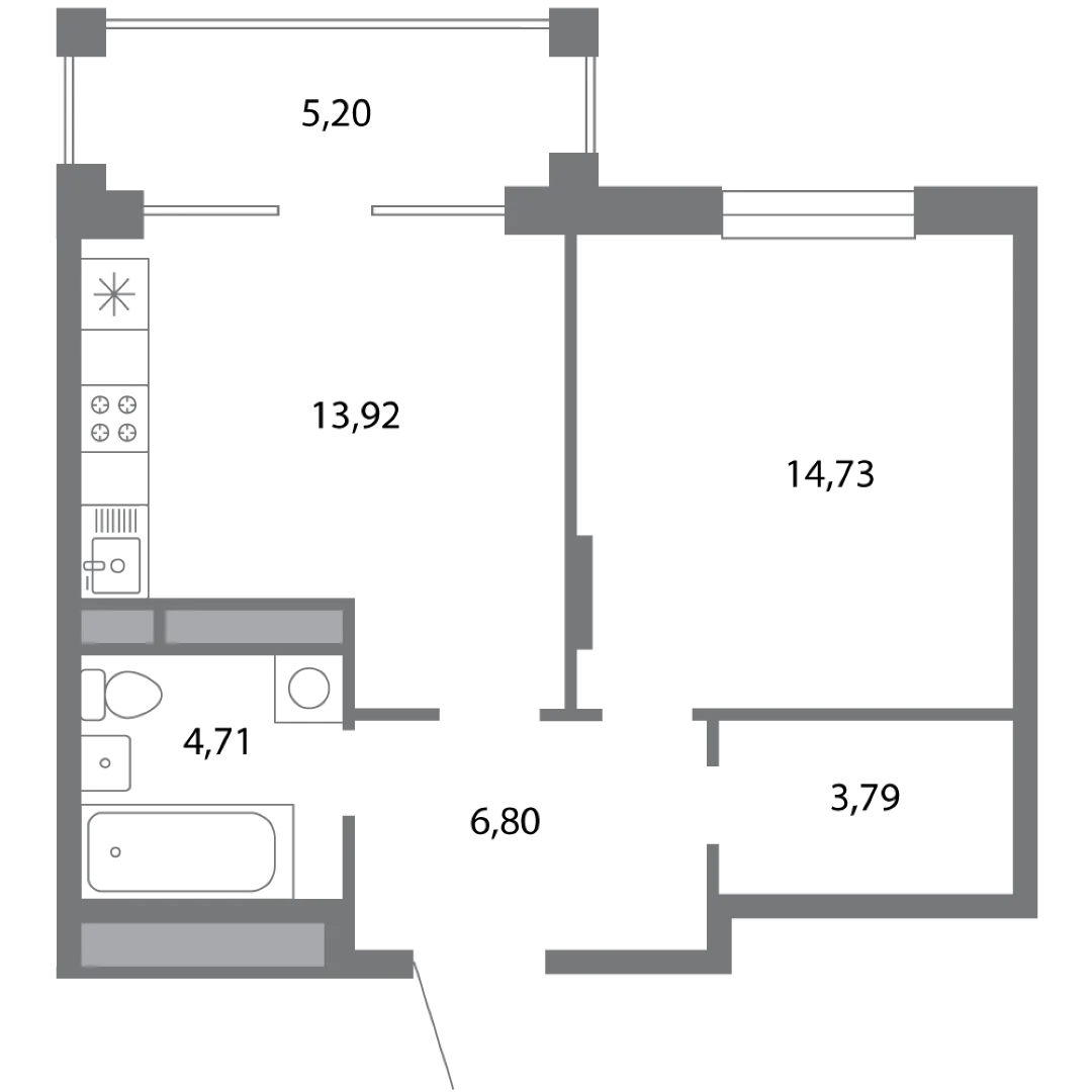 Планировка 1-комнатной квартиры 46.55 м² в ЖК Солотчинский квартал, г. Рязань — фото 3