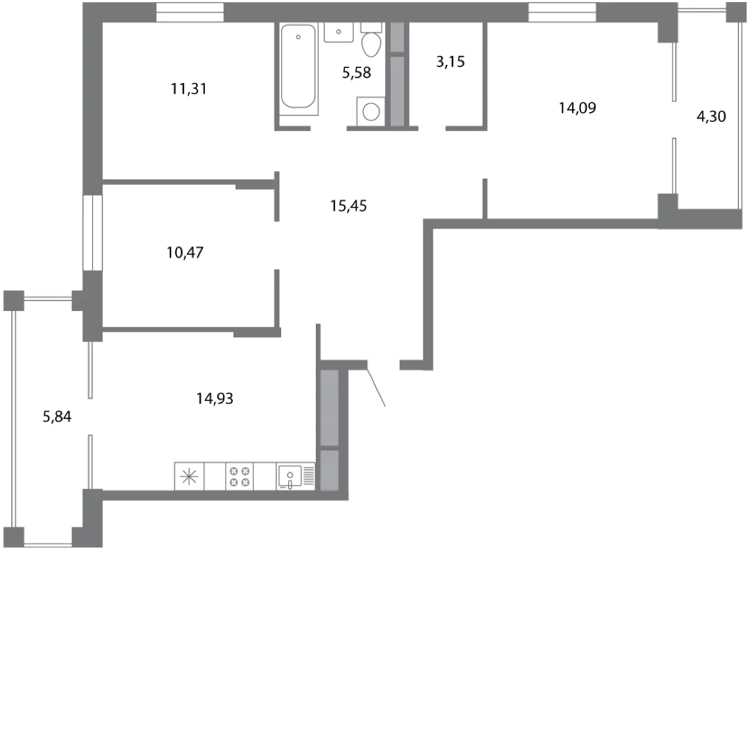 Планировка 3-комнатной квартиры 80.05 м² в ЖК Солотчинский квартал, г. Рязань — фото 1