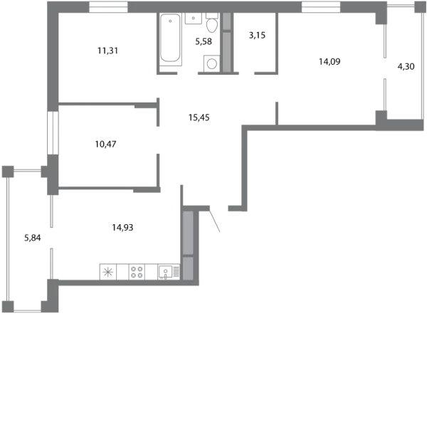 Планировка 3 комн. в ЖК Солотчинский квартал