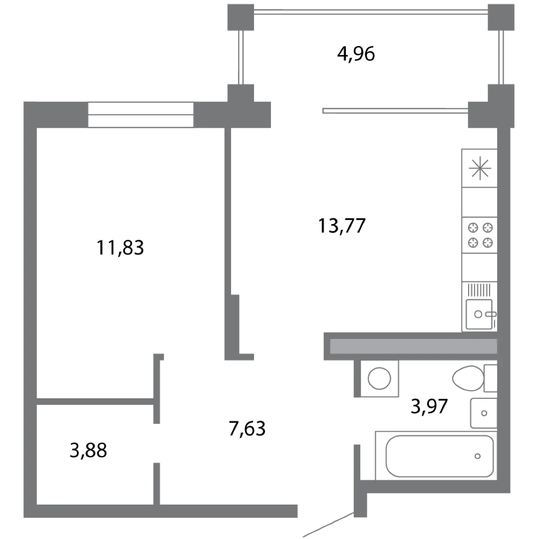 Планировка 1-комнатной квартиры 43.56 м² в ЖК Солотчинский квартал, г. Рязань — фото 3