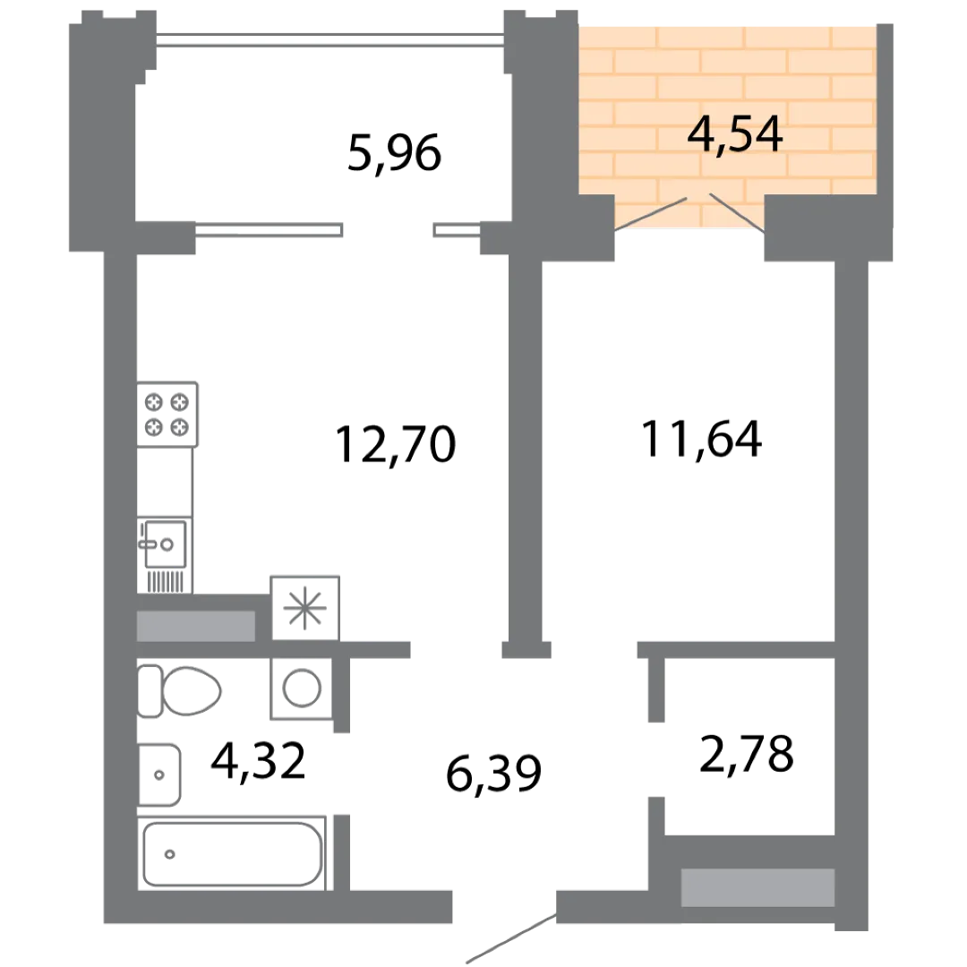 Планировка 1-комнатной квартиры 42.17 м² в ЖК Солотчинский квартал, г. Рязань — фото 4