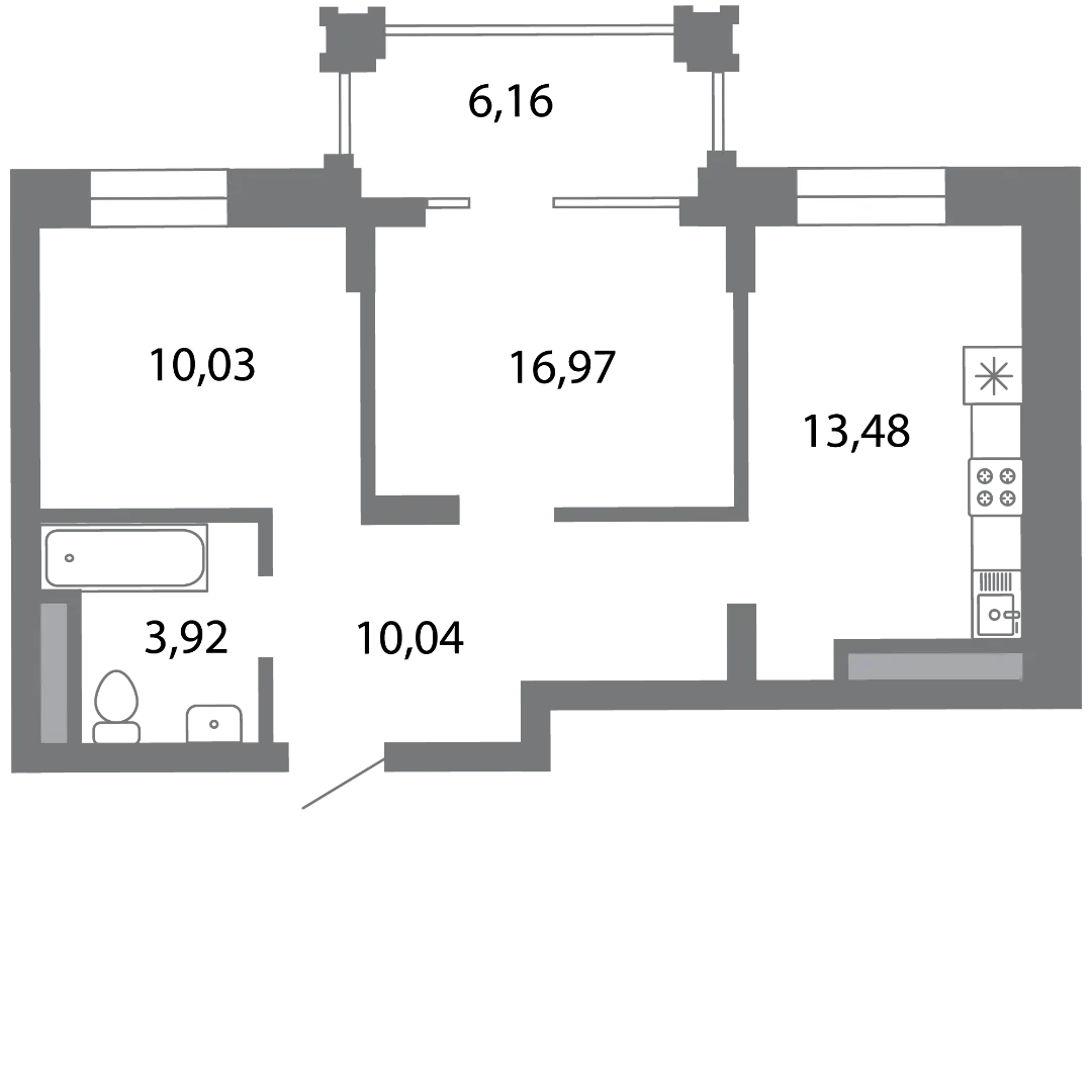 Планировка 2-комнатной квартиры 57.52 м² в ЖК Солотчинский квартал, г. Рязань — фото 4