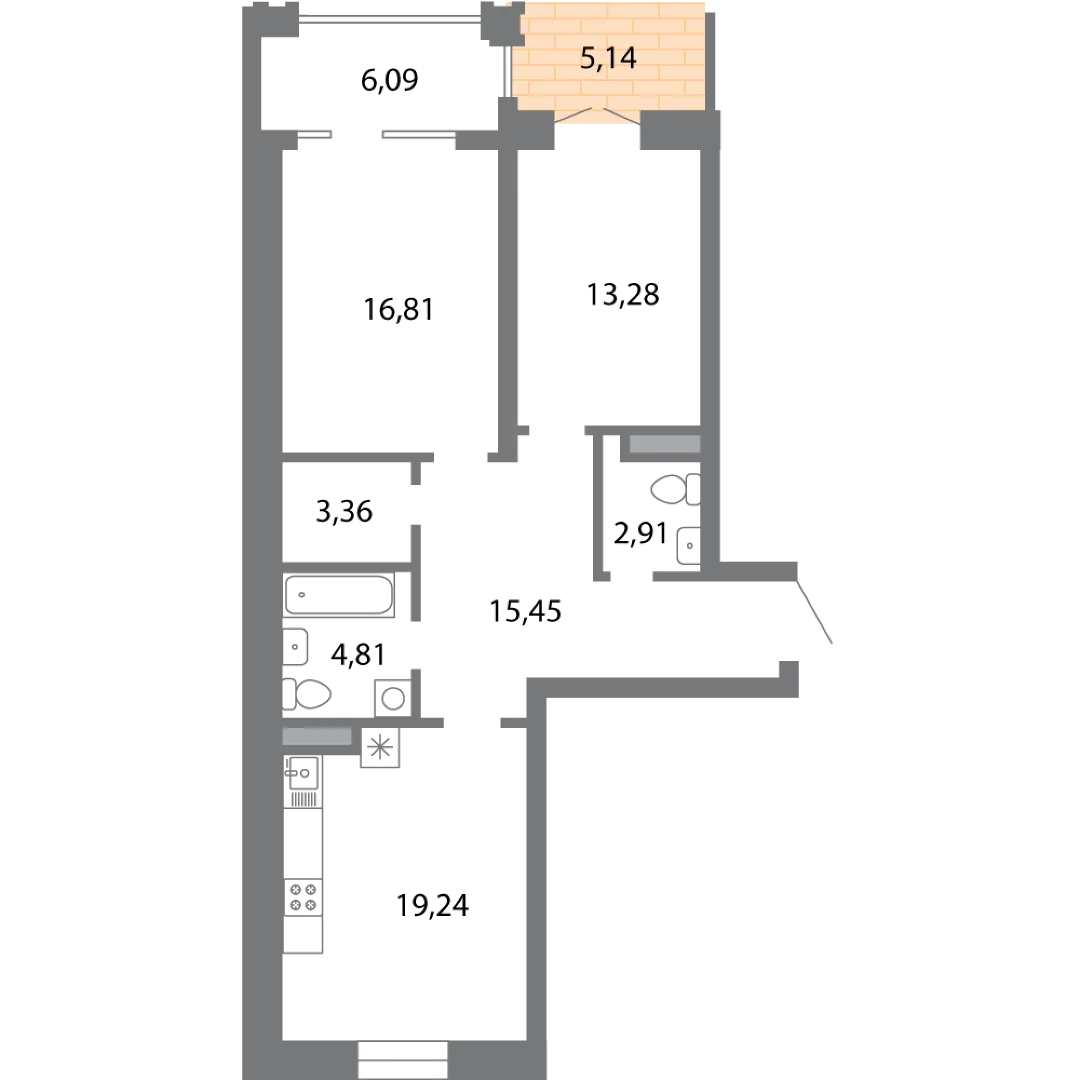 Планировка 2-комнатной квартиры 80.45 м² в ЖК Солотчинский квартал, г. Рязань — фото 4