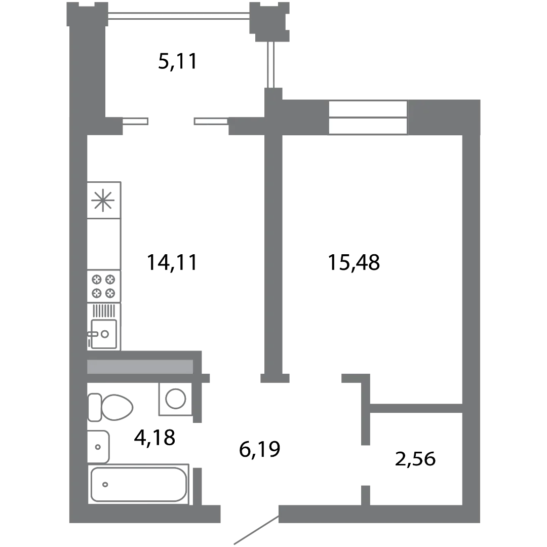 Планировка 1-комнатной квартиры 45.07 м² в ЖК Солотчинский квартал, г. Рязань — фото 2