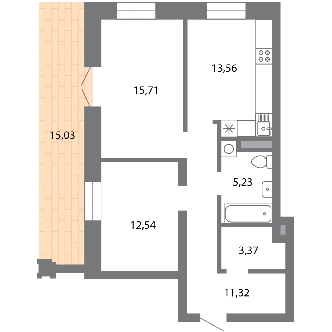 Планировка 2-комнатной квартиры 66.23 м² в ЖК Солотчинский квартал, г. Рязань — фото 4