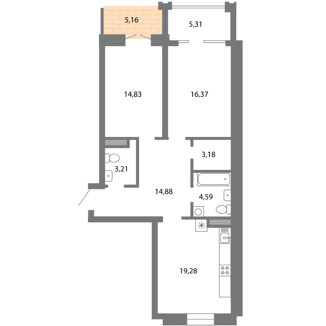Планировка 2-комнатной квартиры 80.54 м² в ЖК Солотчинский квартал, г. Рязань — фото 4