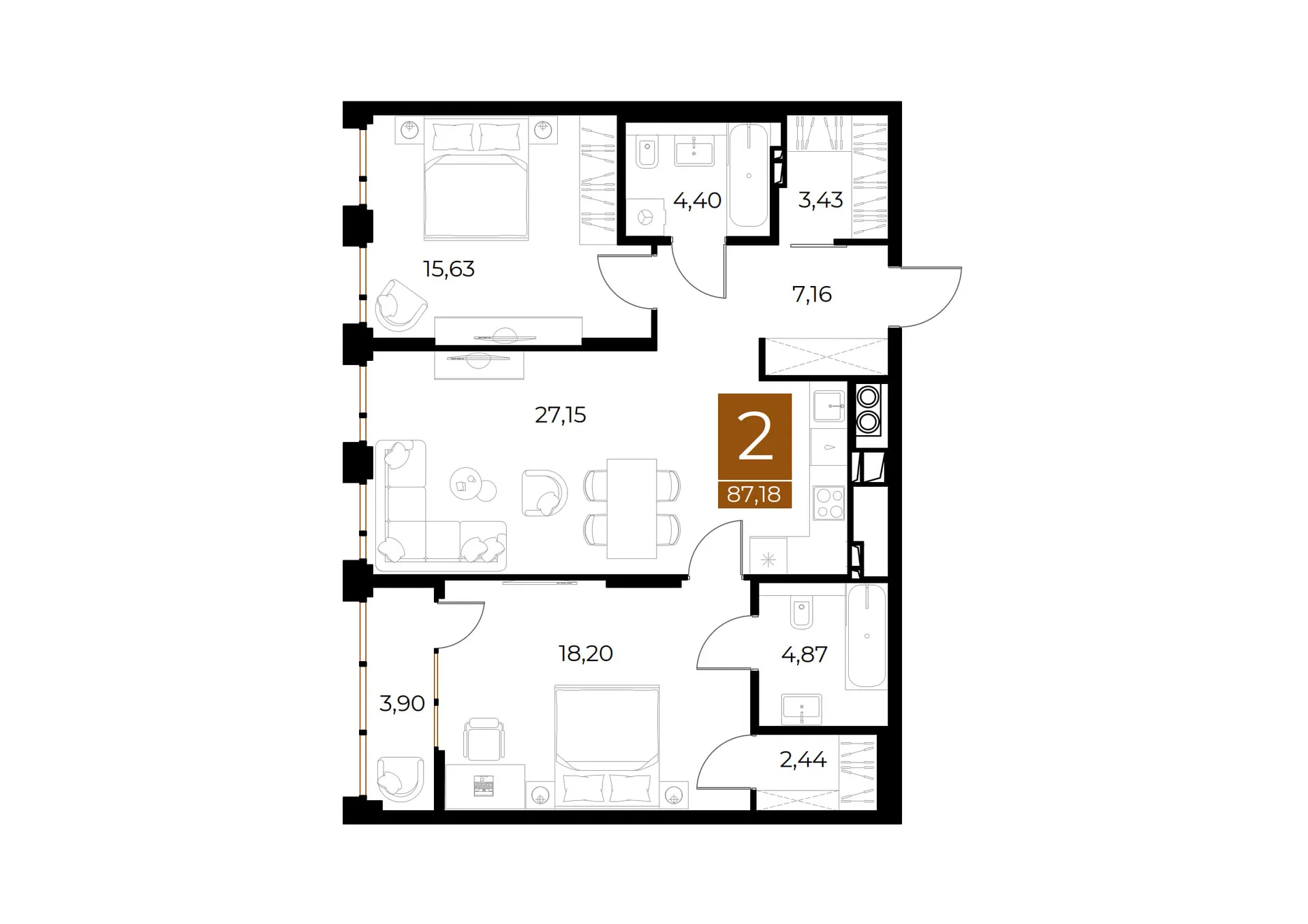 Планировка 2-комнатной квартиры 87.18 м² в ЖК МЕДНЫЙ, г. Рязань — фото 52