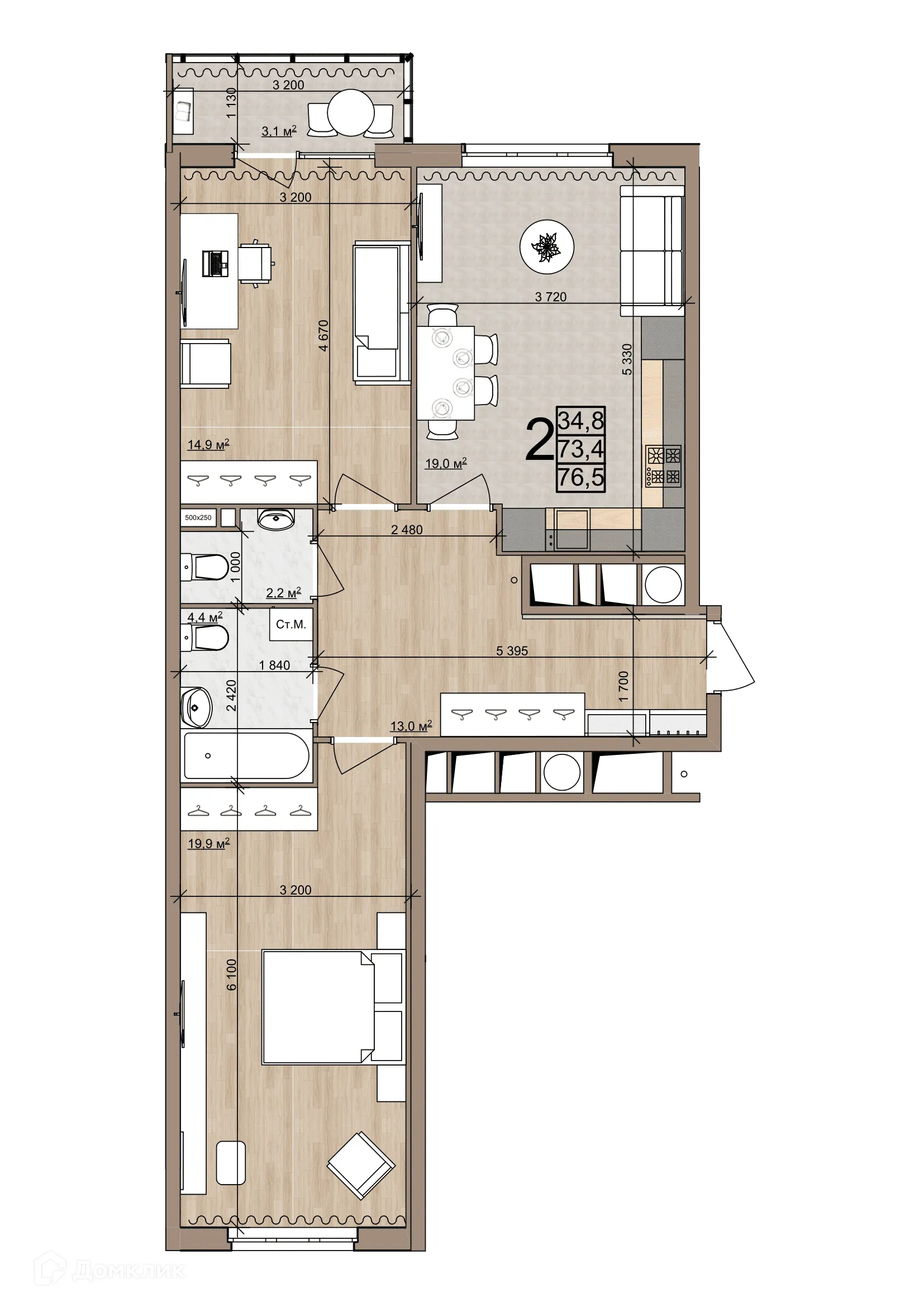 Планировка 2-комнатной квартиры 76.5 м² в ЖК Еврокласс-4, г. Рязань — фото 1