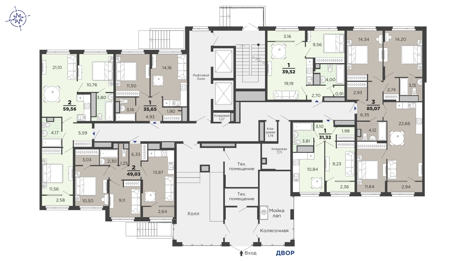 Планировка 3-комнатной квартиры 85.07 м² в ЖК Метропарк, г. Рязань — фото 30