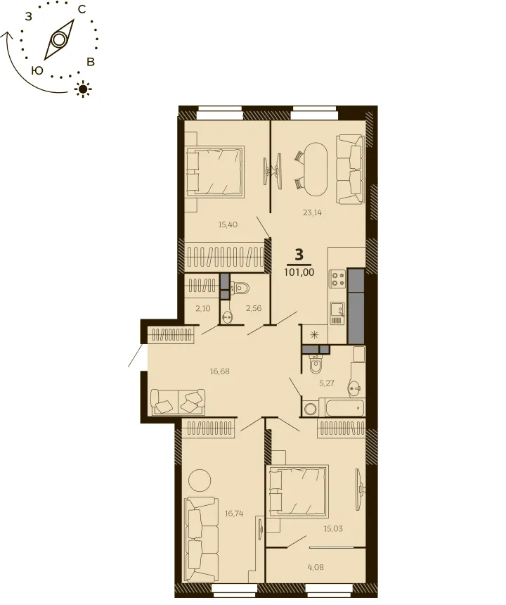 Планировка 3-комнатной квартиры 101 м² в ЖК ТАТЛИН, г. Рязань — фото 61
