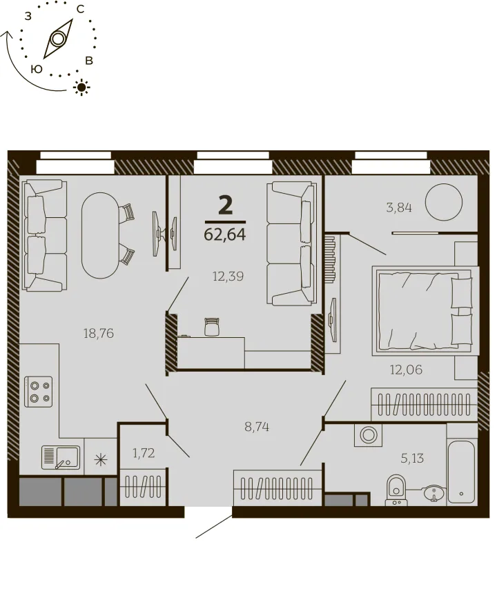 Планировка 2-комнатной квартиры 62.64 м² в ЖК ТАТЛИН, г. Рязань — фото 61