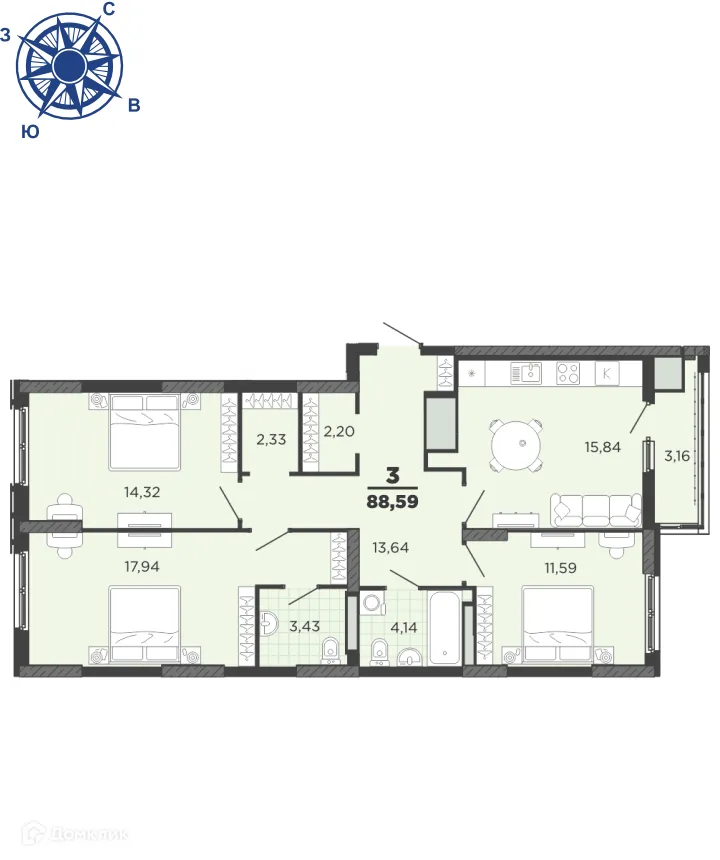 Планировка 3-комнатной квартиры 88.59 м² в ЖК "Академик", г. Рязань — фото 1