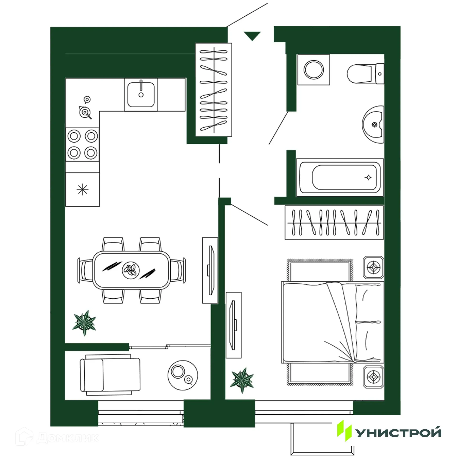 Планировка 1-комнатной квартиры 39.6 м² в ЖК Парковый квартал 2.0, г. Екатеринбург — фото 1