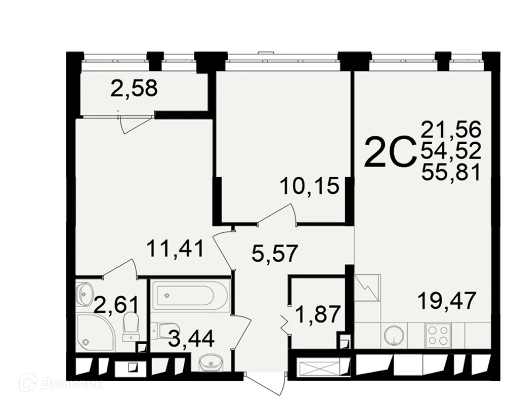 Планировка 2-комнатной квартиры 55.81 м² в ЖК"Новое измерение", г. Рязань — фото 1