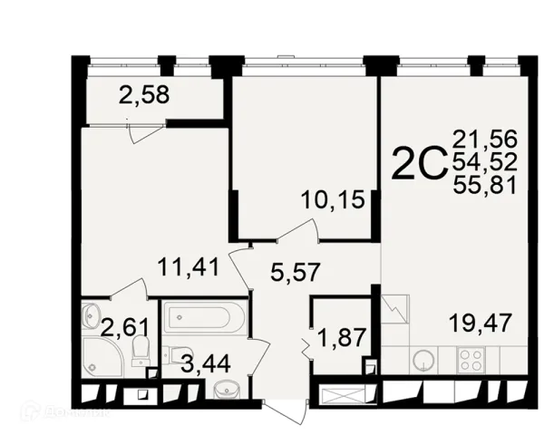 Планировка 2 комн. в ЖК"Новое измерение"