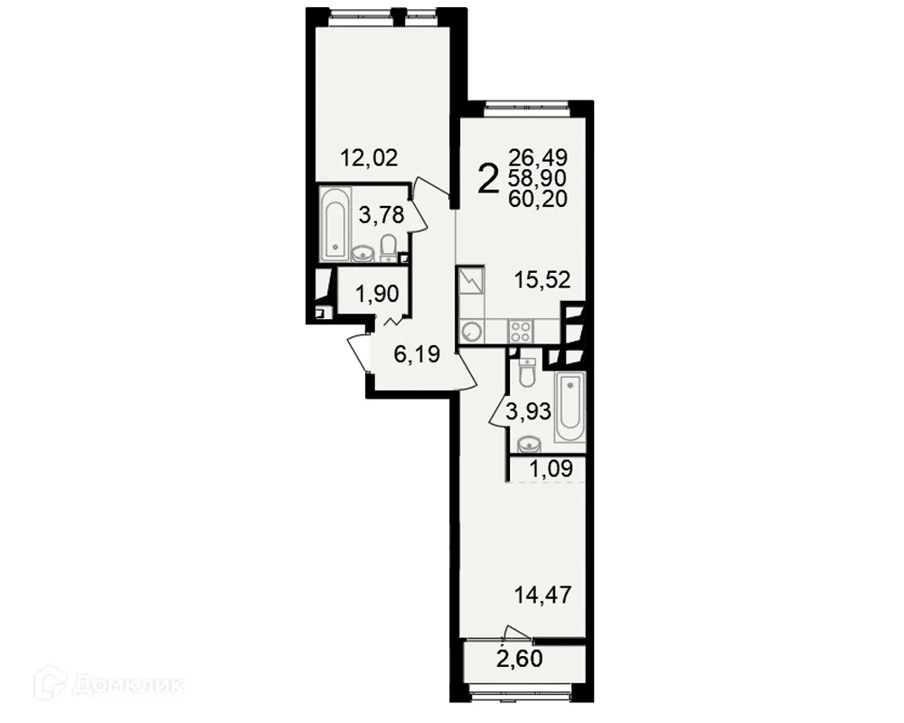 Планировка 2-комнатной квартиры 60.2 м² в ЖК"Новое измерение", г. Рязань — фото 1