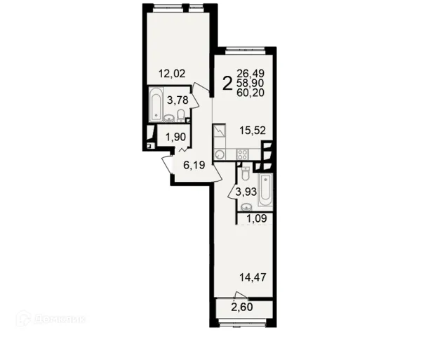 Планировка 2 комн. в ЖК"Новое измерение"