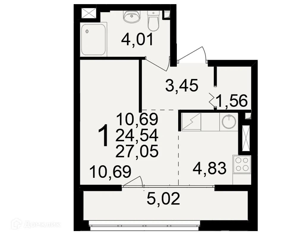 Планировка 1-комнатной квартиры 27.05 м² в ЖК"Новое измерение", г. Рязань — фото 1