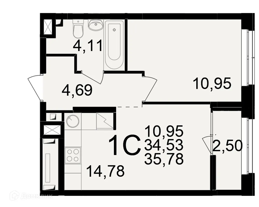 Планировка 1-комнатной квартиры 35.78 м² в ЖК"Новое измерение", г. Рязань — фото 1