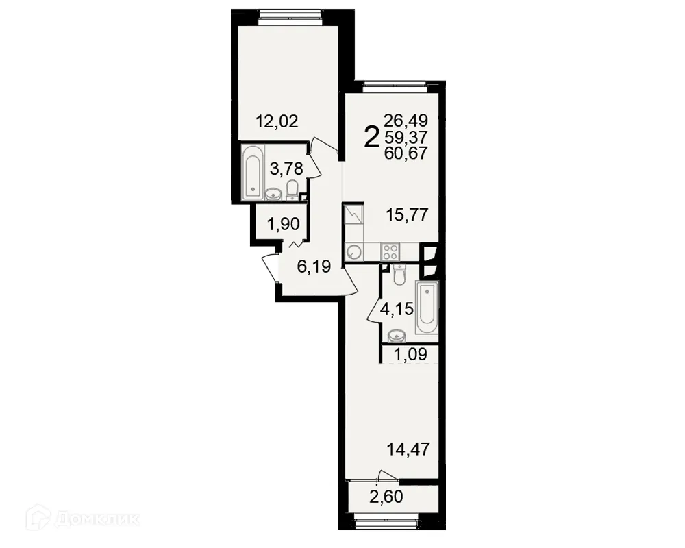 Планировка 2-комнатной квартиры 60.67 м² в ЖК"Новое измерение", г. Рязань — фото 1