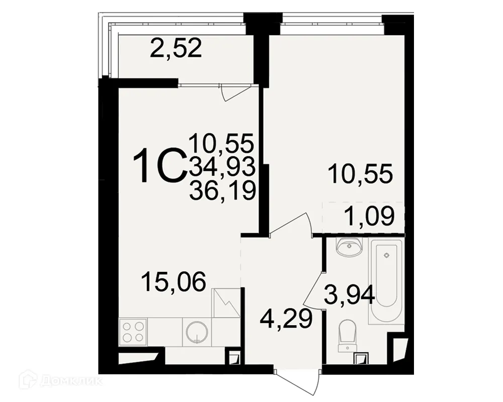 Планировка 1-комнатной квартиры 36.19 м² в ЖК"Новое измерение", г. Рязань — фото 1