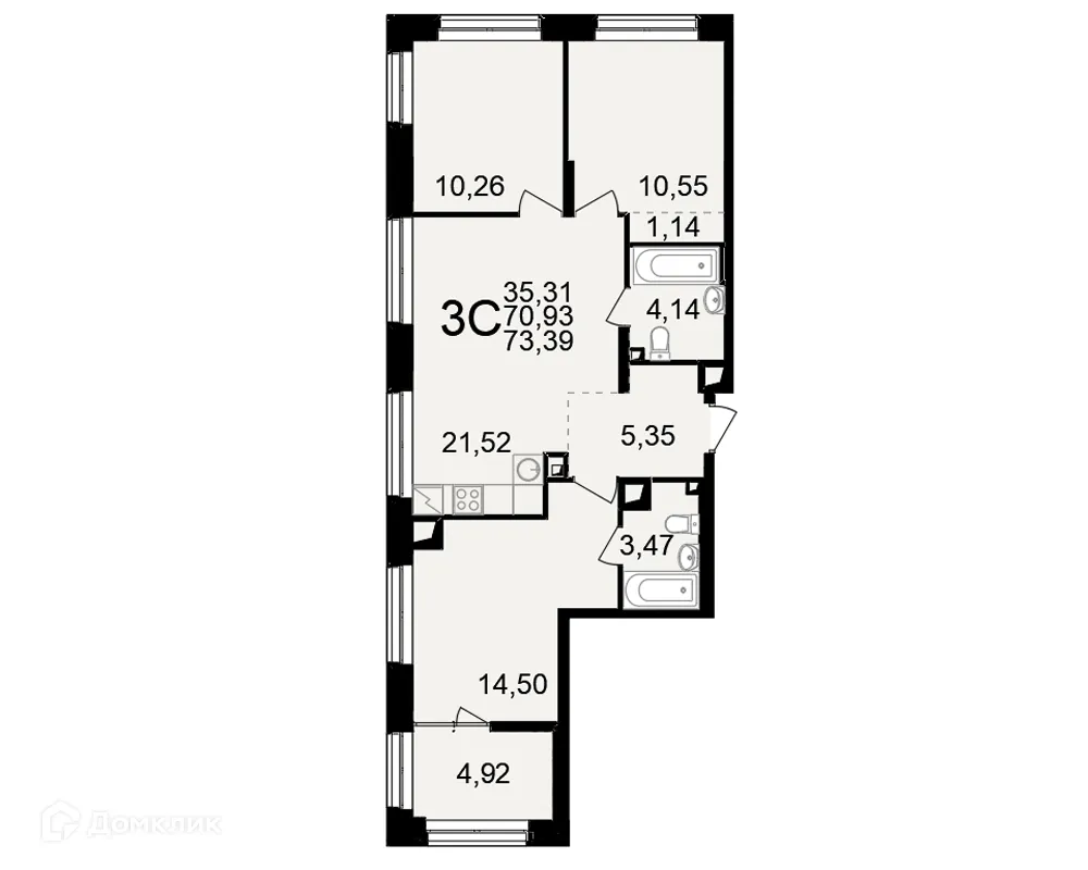 Планировка 3-комнатной квартиры 73.39 м² в ЖК"Новое измерение", г. Рязань — фото 1