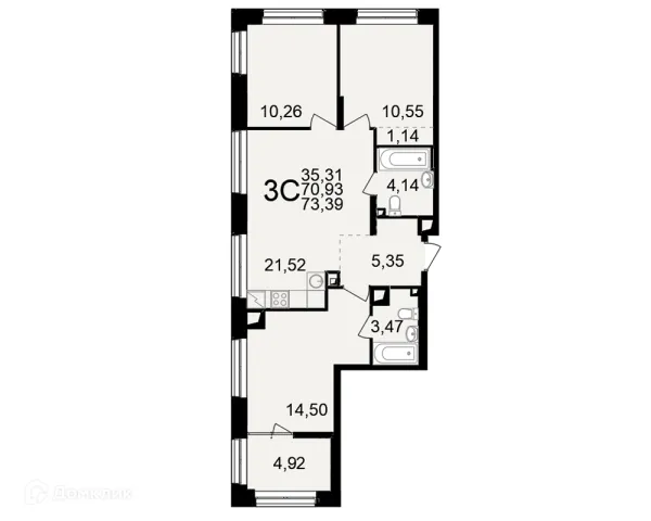 Планировка 3 комн. в ЖК"Новое измерение"