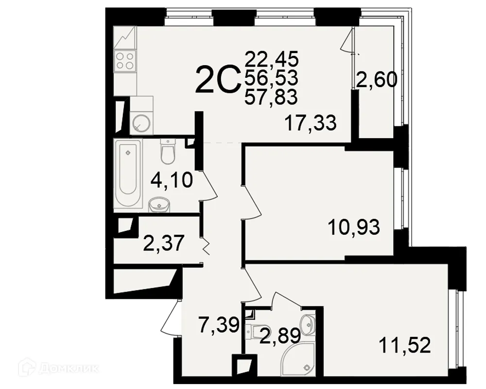 Планировка 2-комнатной квартиры 57.83 м² в ЖК"Новое измерение", г. Рязань — фото 1