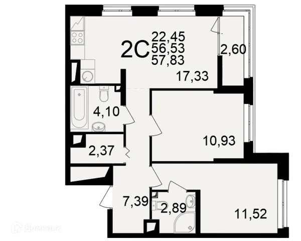 Планировка 2 комн. в ЖК"Новое измерение"