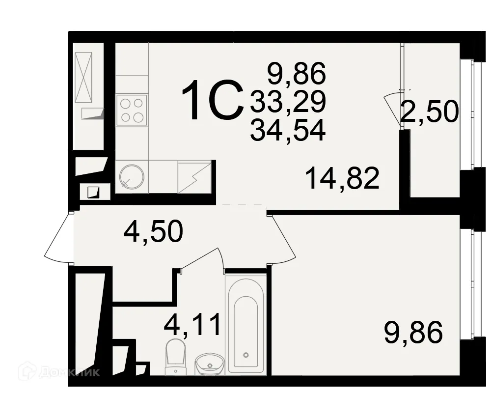 Планировка 1-комнатной квартиры 34.54 м² в ЖК"Новое измерение", г. Рязань — фото 1