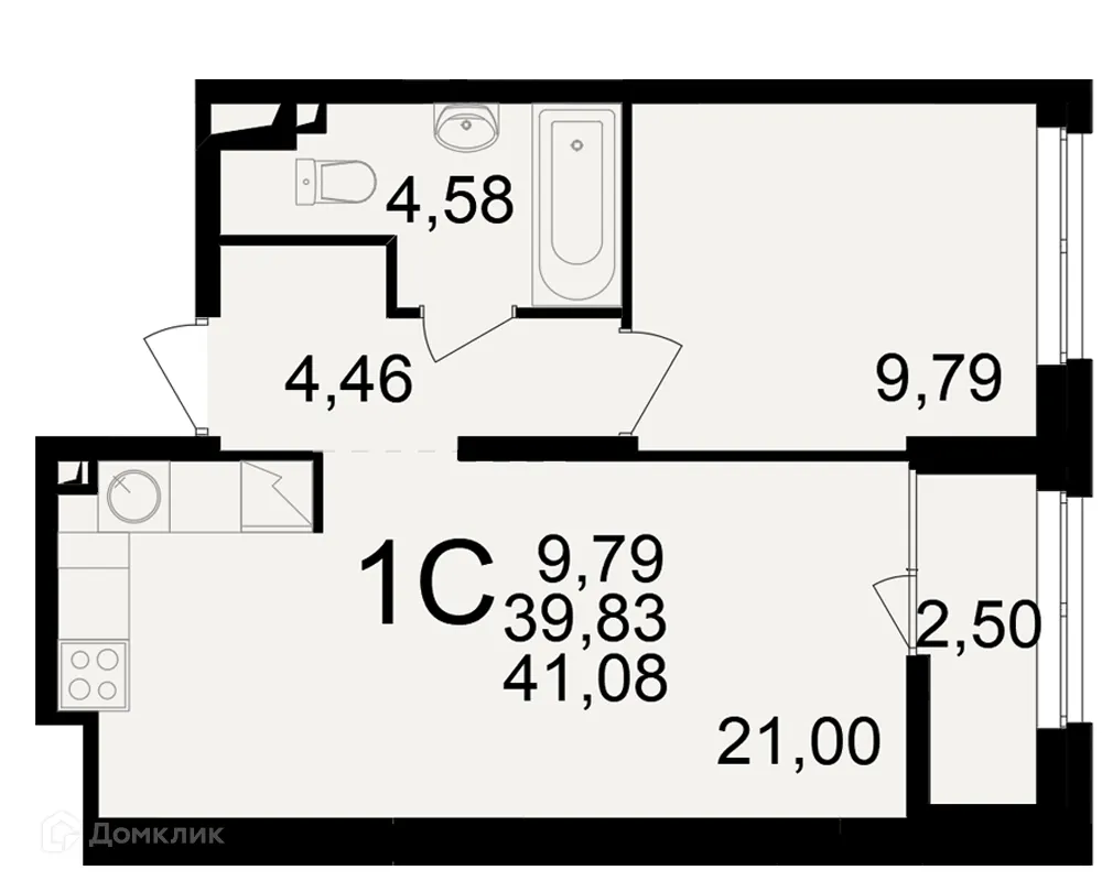 Планировка 1-комнатной квартиры 41.08 м² в ЖК"Новое измерение", г. Рязань — фото 1