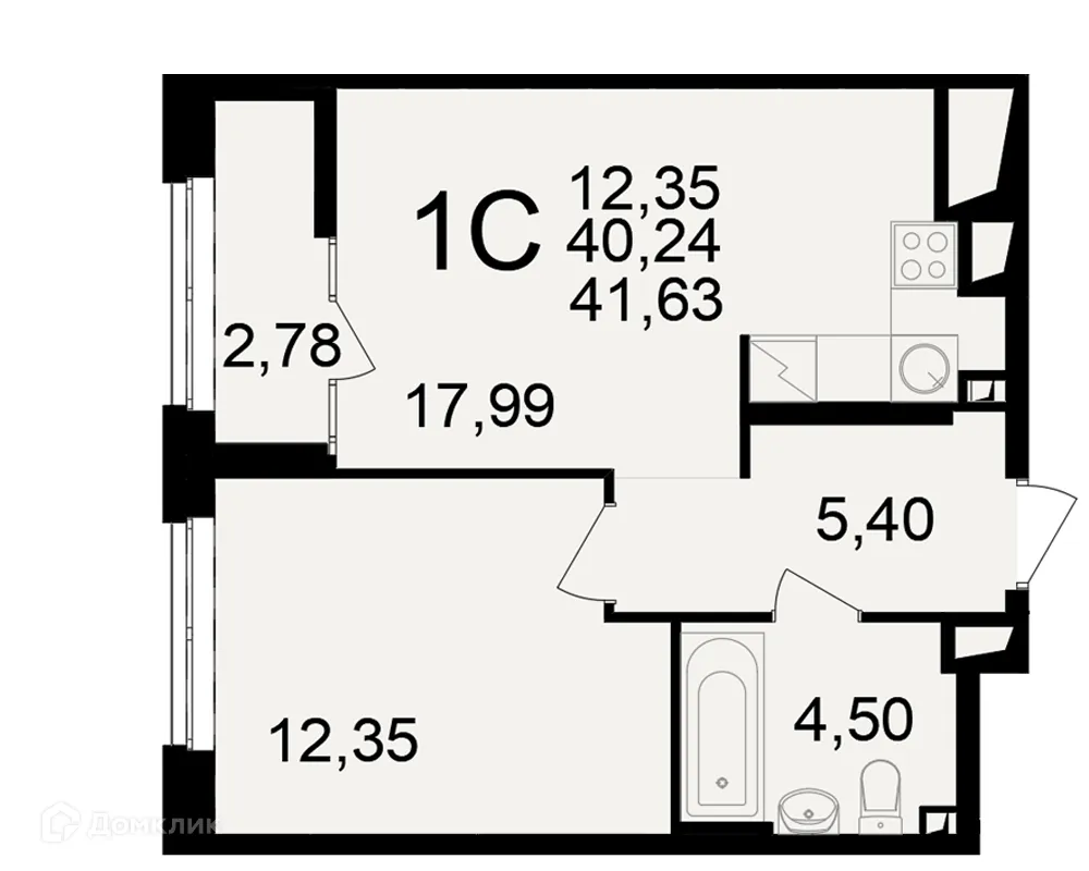 Планировка 1-комнатной квартиры 41.63 м² в ЖК"Новое измерение", г. Рязань — фото 1