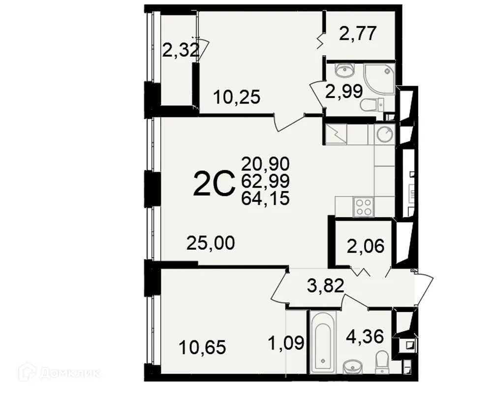 Планировка 2-комнатной квартиры 64.15 м² в ЖК"Новое измерение", г. Рязань — фото 1