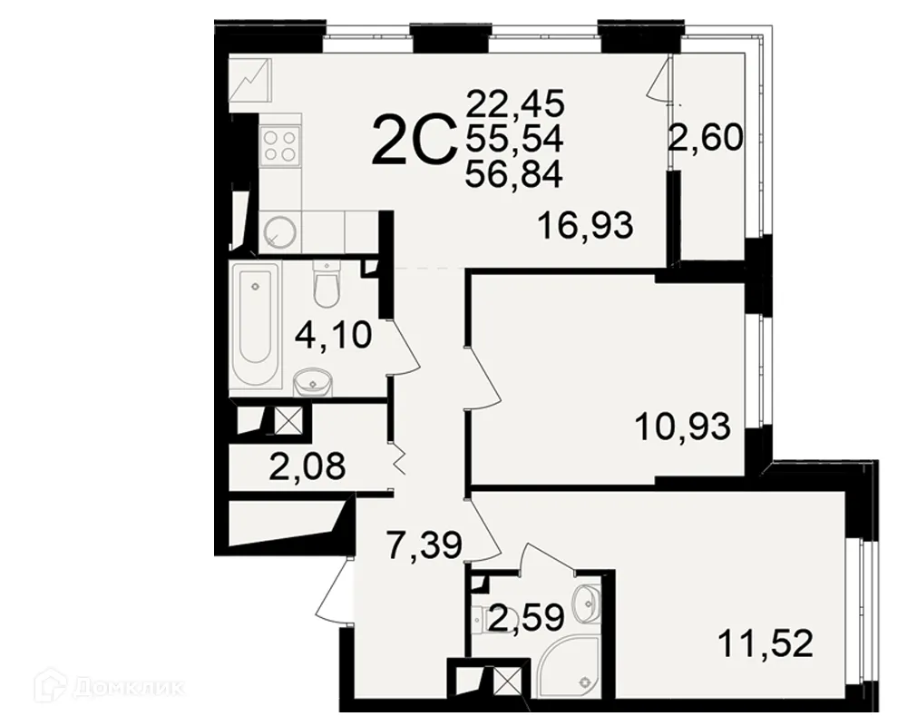 Планировка 2-комнатной квартиры 56.84 м² в ЖК"Новое измерение", г. Рязань — фото 1
