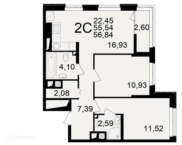 Планировка 2 комн. в ЖК"Новое измерение"