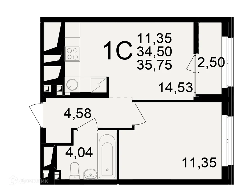 Планировка 1-комнатной квартиры 35.75 м² в ЖК"Новое измерение", г. Рязань — фото 1